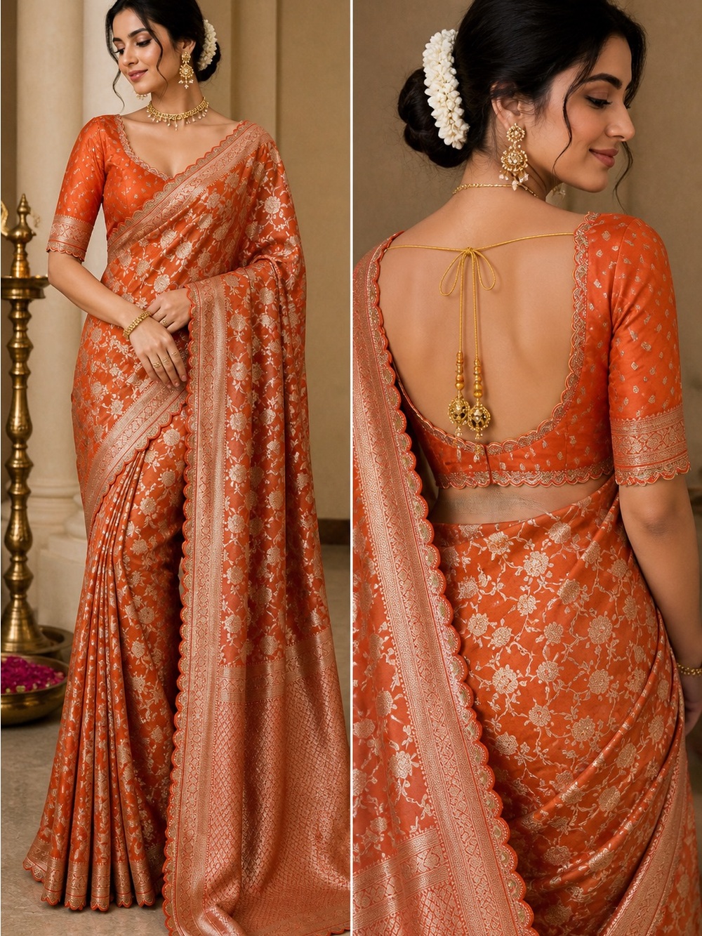 Handloom Elegant  Pure Khadi Banarsi Silk Saree with Golden floral weaving